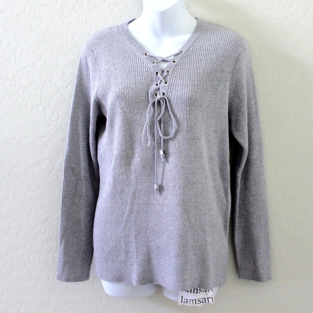 Michael Kors Long Sleeve Silver Shine Shimmer Lace-Up Stretchy Ribbed Tee Size L